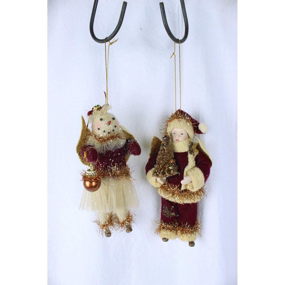 Vintage Christmas Ornaments Set Snowman Angel Santa Burgundy Gold Tinsel